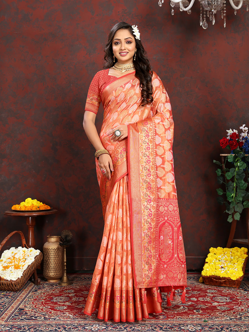 Orange Organza silk saree with elegant Meenakari weaving and matching pallu