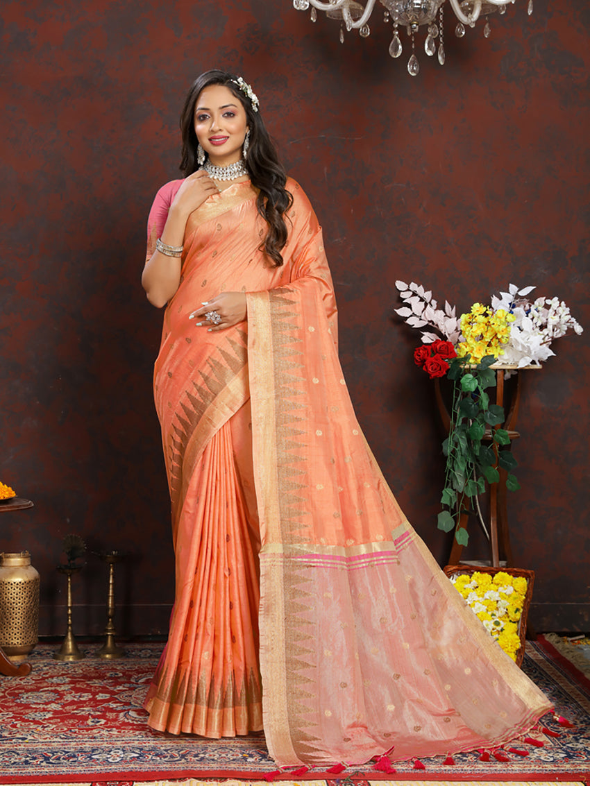 Orange Soft Katan Silk Saree with Traditional Zari Woven Pallu