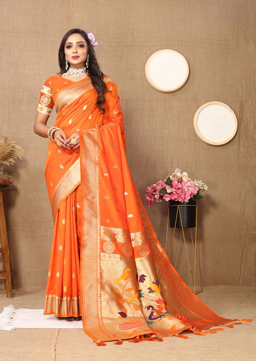 Orange Soft Paithani Silk Saree with Rich Zari Meenakari Weaving