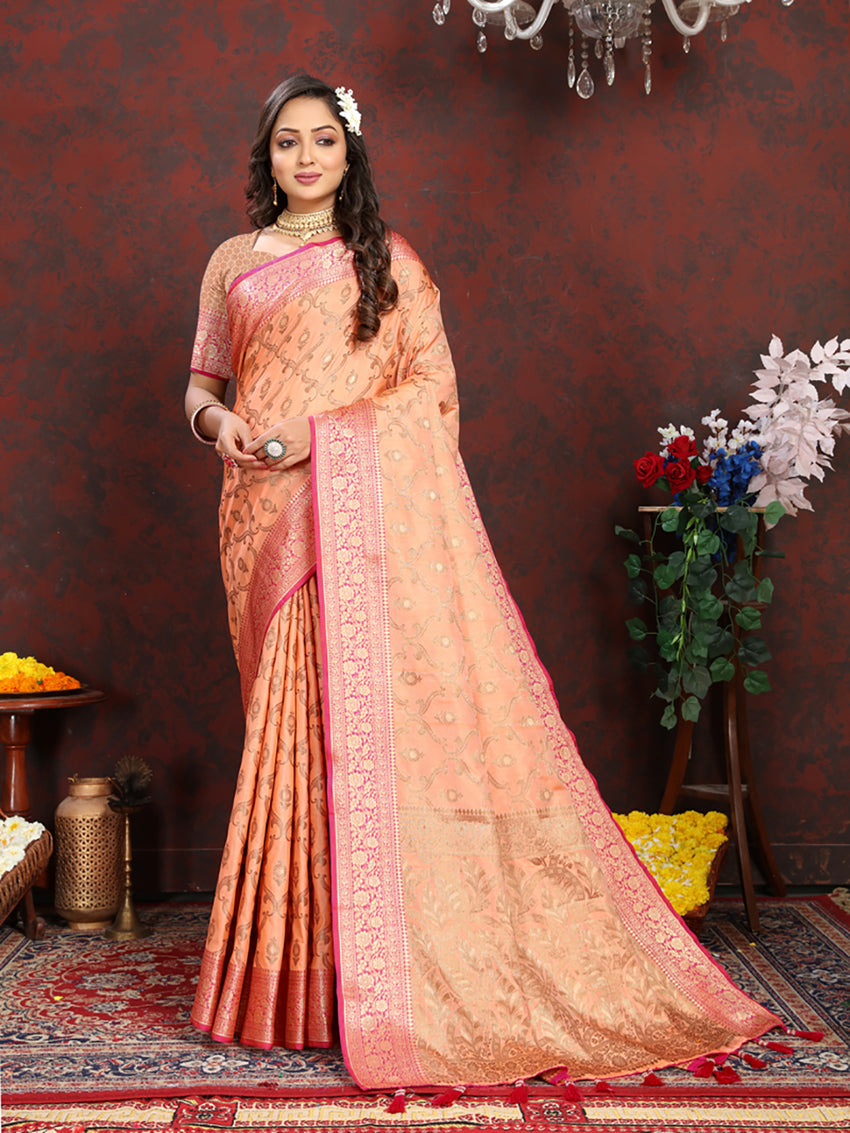 Lorenvalley Fashion Orange Soft Katan Silk Woven Design Rich Zari Weaving Pallu Saree
