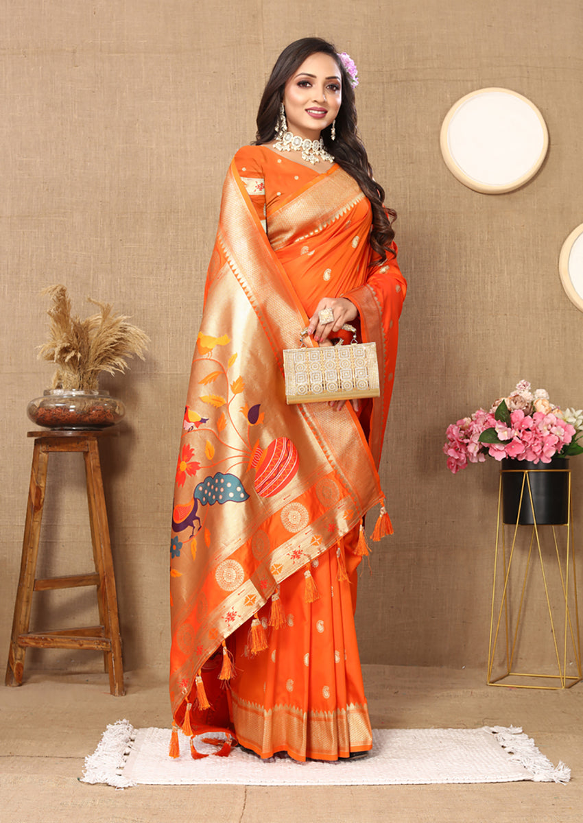 Orange Soft Paithani Silk Saree with Rich Zari Meenakari Weaving