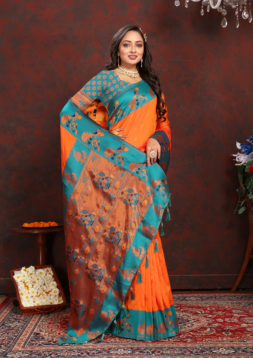 Orange Soft Paithani Silk Saree with Zari Meenakari
