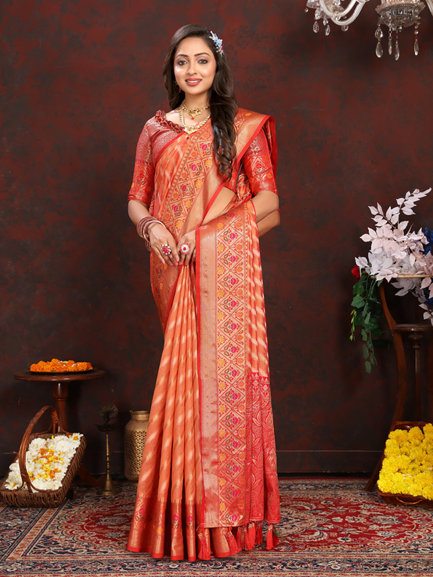 Orange Organza Silk Saree with Rich Meenakari Weaving Pallu