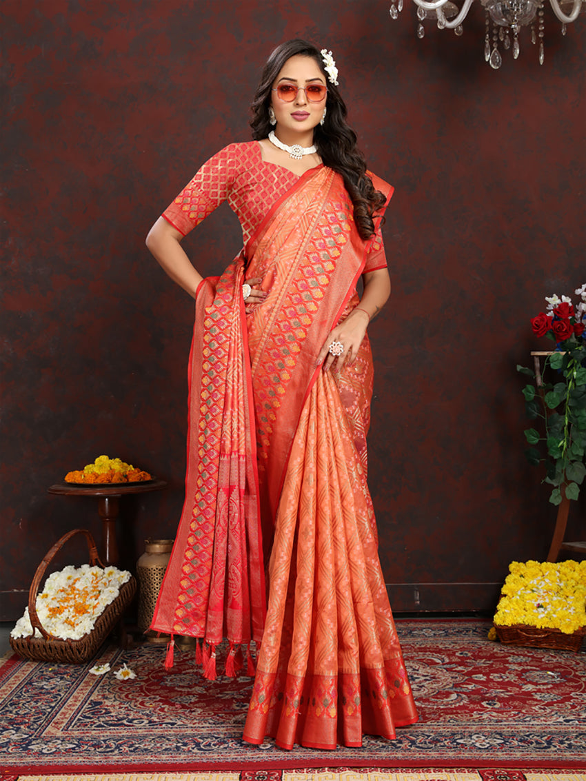 Orange Organza Silk Saree with Meenakari Woven Pallu