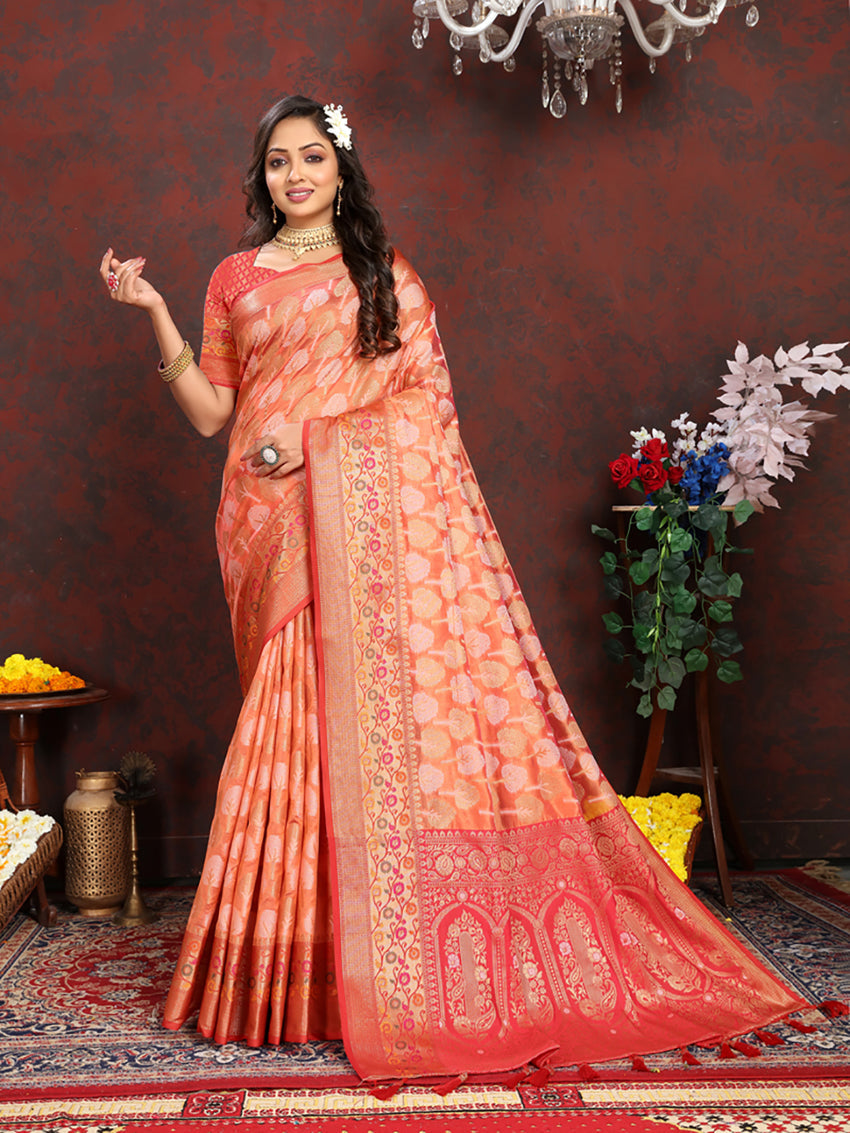 Orange Organza Silk Saree with Rich Meenakari Pallu Design