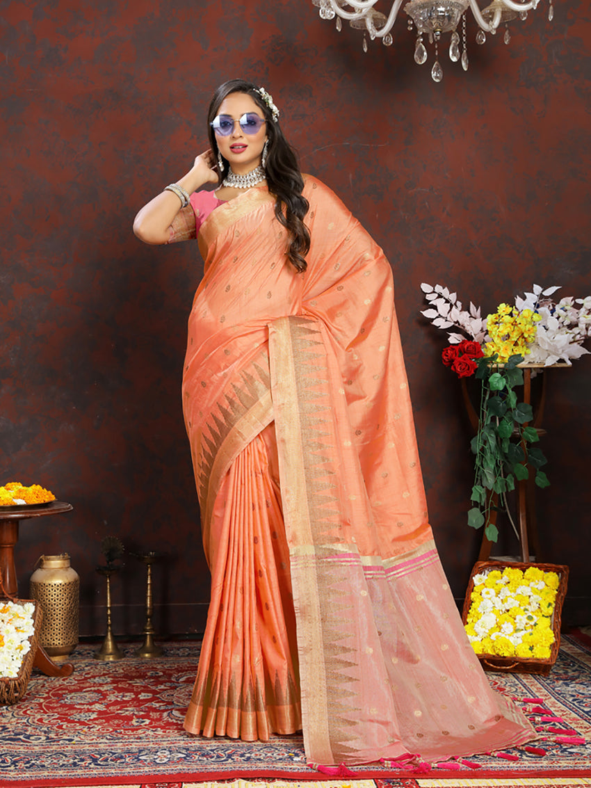 Orange Soft Katan Silk Saree with Traditional Zari Woven Pallu