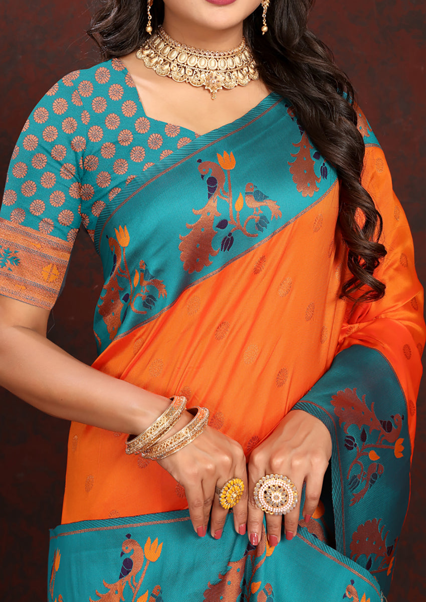 Orange Soft Paithani Silk Saree with Zari Meenakari
