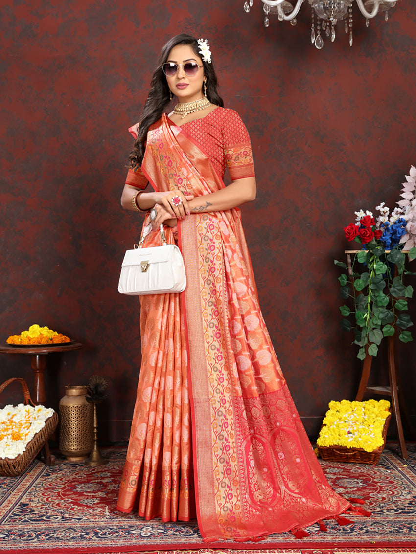 Orange Organza Silk Saree with Rich Meenakari Pallu Design