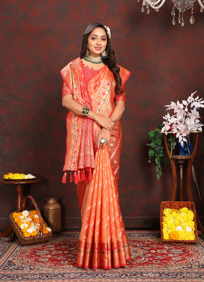 Orange Organza Silk Saree with Meenakari Woven Pallu