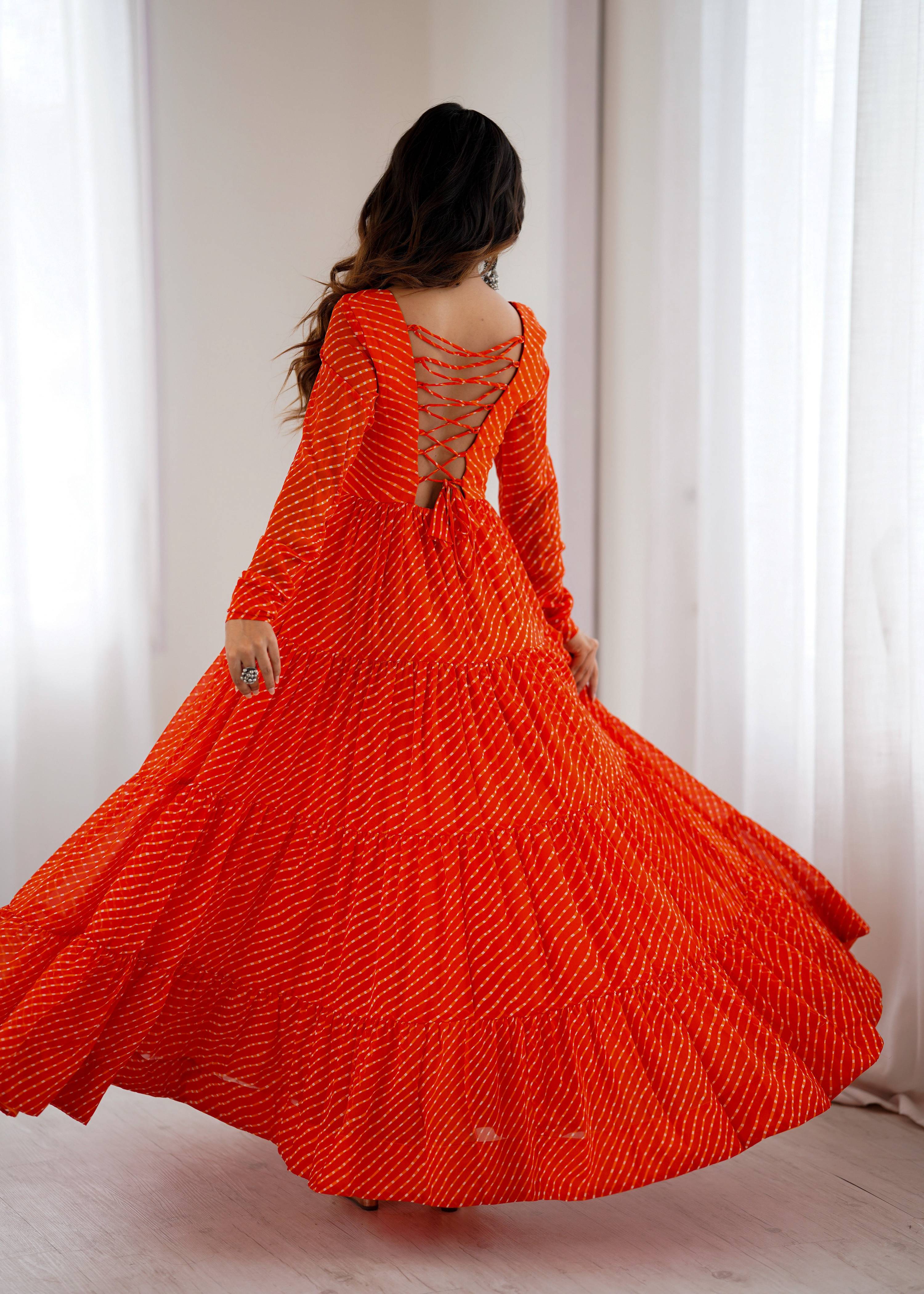 Women's Leheriya Print Anarkali Gown in Pure Soft Faux Georgette