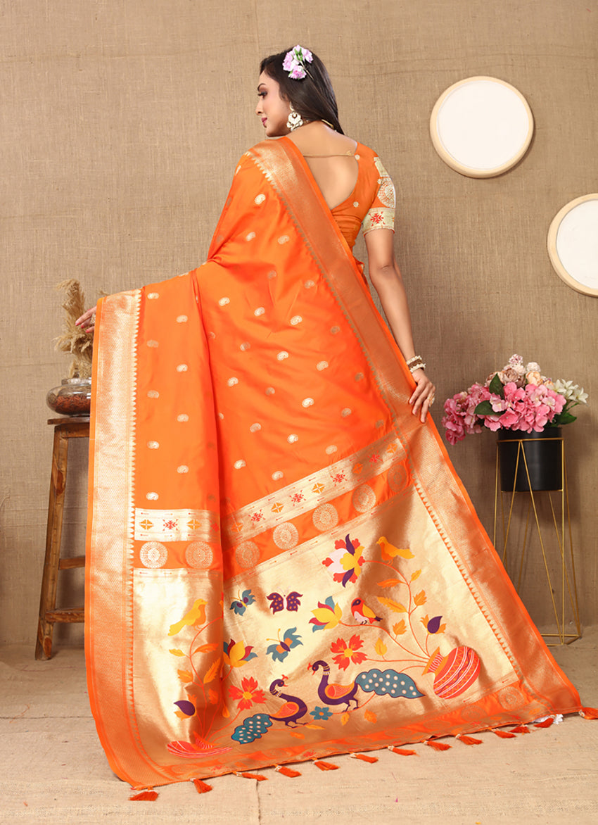 Orange Soft Paithani Silk Saree with Rich Zari Meenakari Weaving