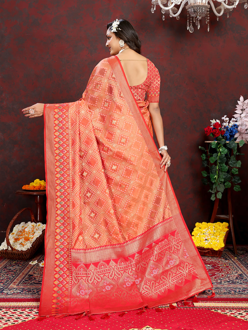 Orange Organza Silk Saree with Meenakari Woven Pallu