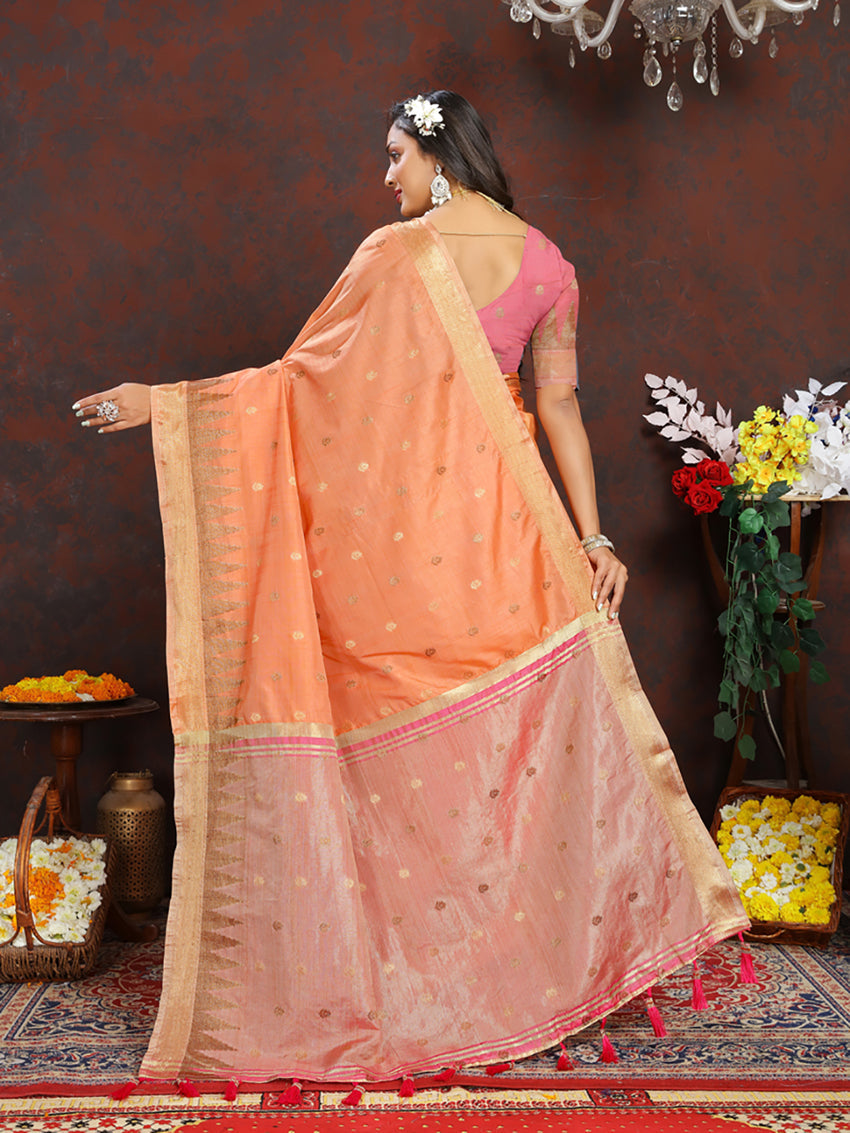 Orange Soft Katan Silk Saree with Traditional Zari Woven Pallu