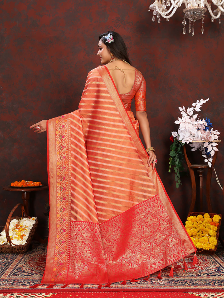 Orange Organza Silk Saree with Rich Meenakari Weaving Pallu