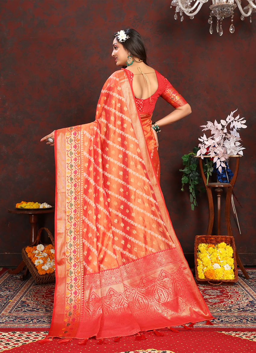 Orange Organza Silk Saree with Meenakari Woven Pallu