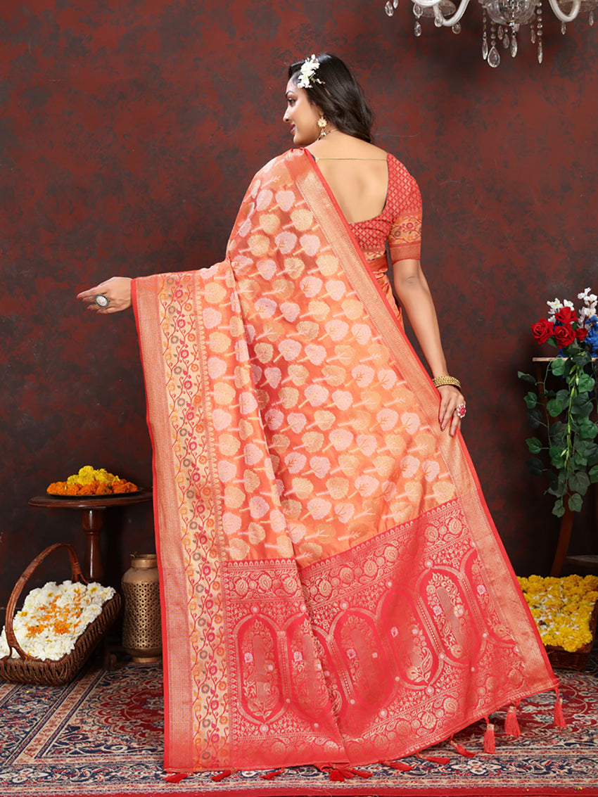 Orange Organza Silk Saree with Rich Meenakari Pallu Design