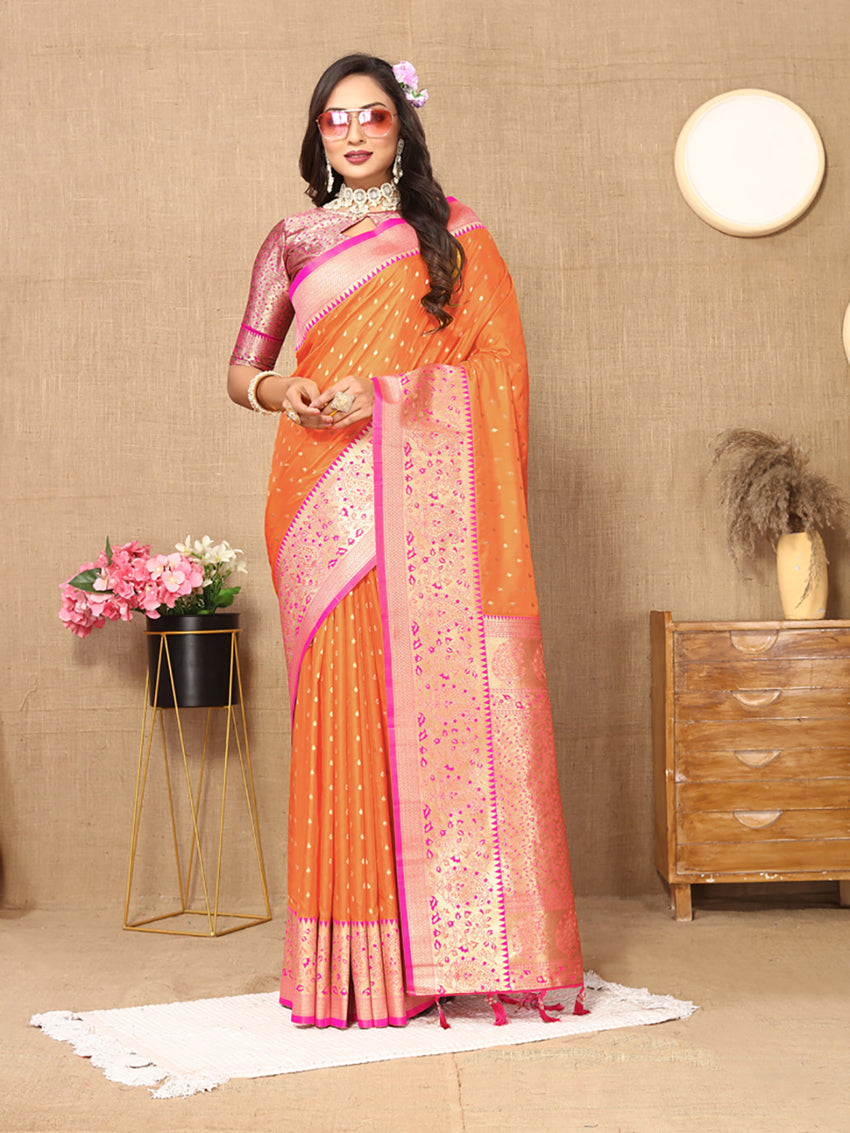 Vibrant orange soft silk saree with rich zari woven design and matching blouse piece