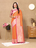 Vibrant orange soft silk saree with rich zari woven design and matching blouse piece