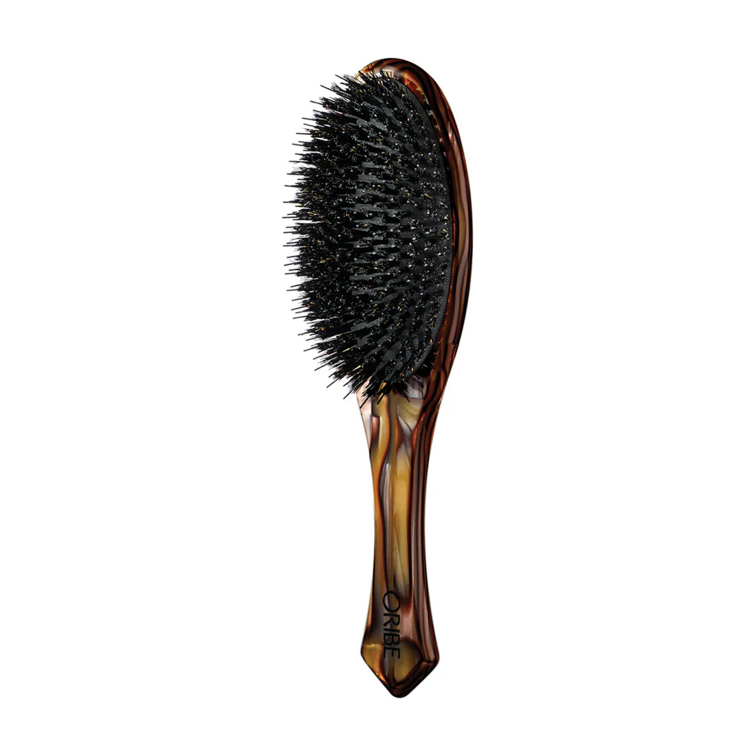 Modern flat hair brush featuring a brown tortoiseshell pattern and black bristles displayed on a minimalist surface.