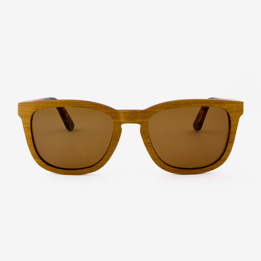 Ormand modern wood sunglasses in brown and red colorway