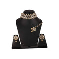 Three-piece gold-polished necklace set adorned with pearls and stones for ethnic party wear