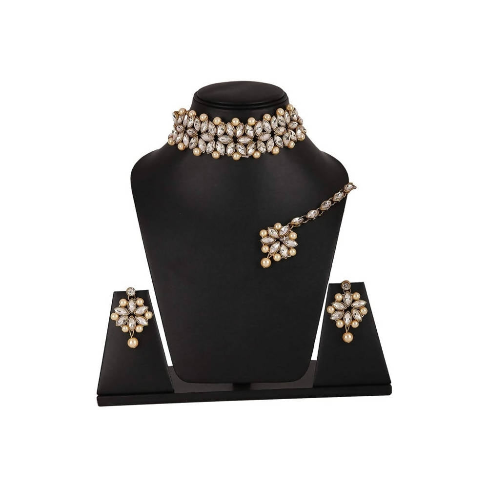 Three-piece gold-polished necklace set adorned with pearls and stones for ethnic party wear