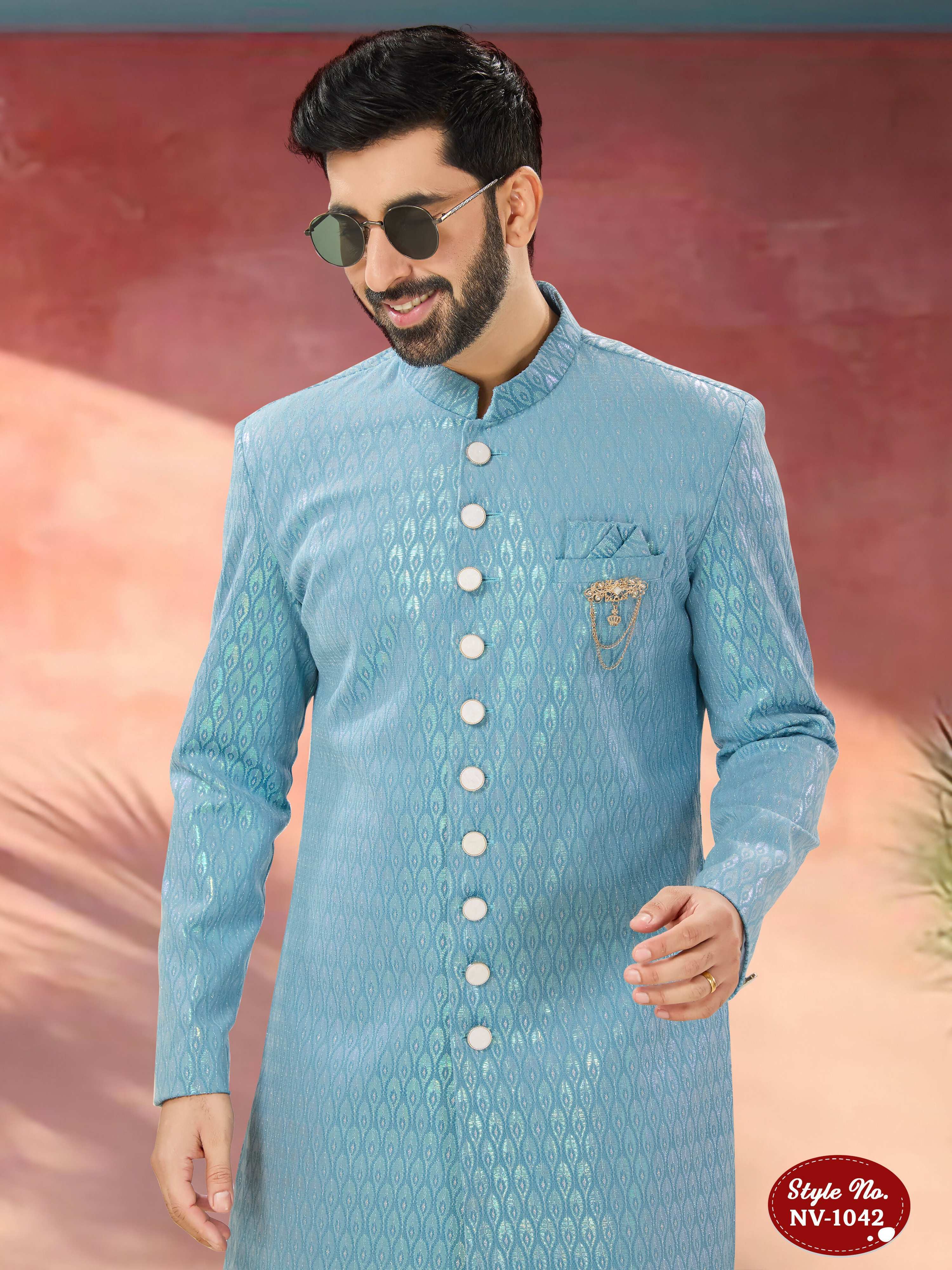 Men's Blue Indo-Western Kurta Set with Thread and Sequence Work