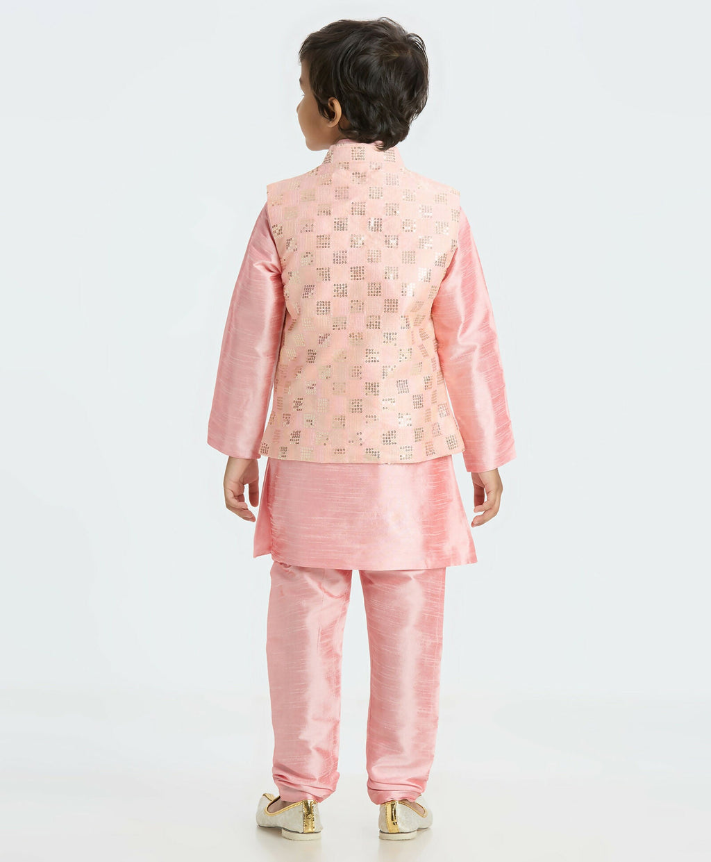 Kids Ethnic Kurta Pyjama Set with Sequin Nehru Jacket - Pink