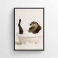 Photorealistic poster of a cute otter relaxing in a white clawfoot bathtub, perfect for bathroom wall decor.