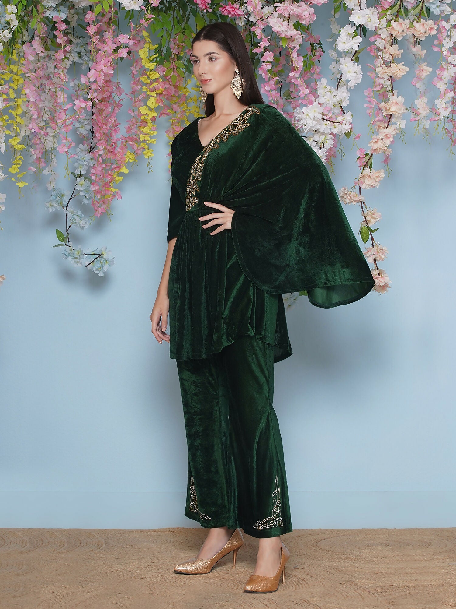 Green Velvet Hand Embellished 2-Piece Co-ord Set
