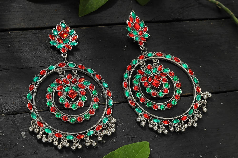 Red and Green Kundan Circle Earrings for Festive Ethnic Style