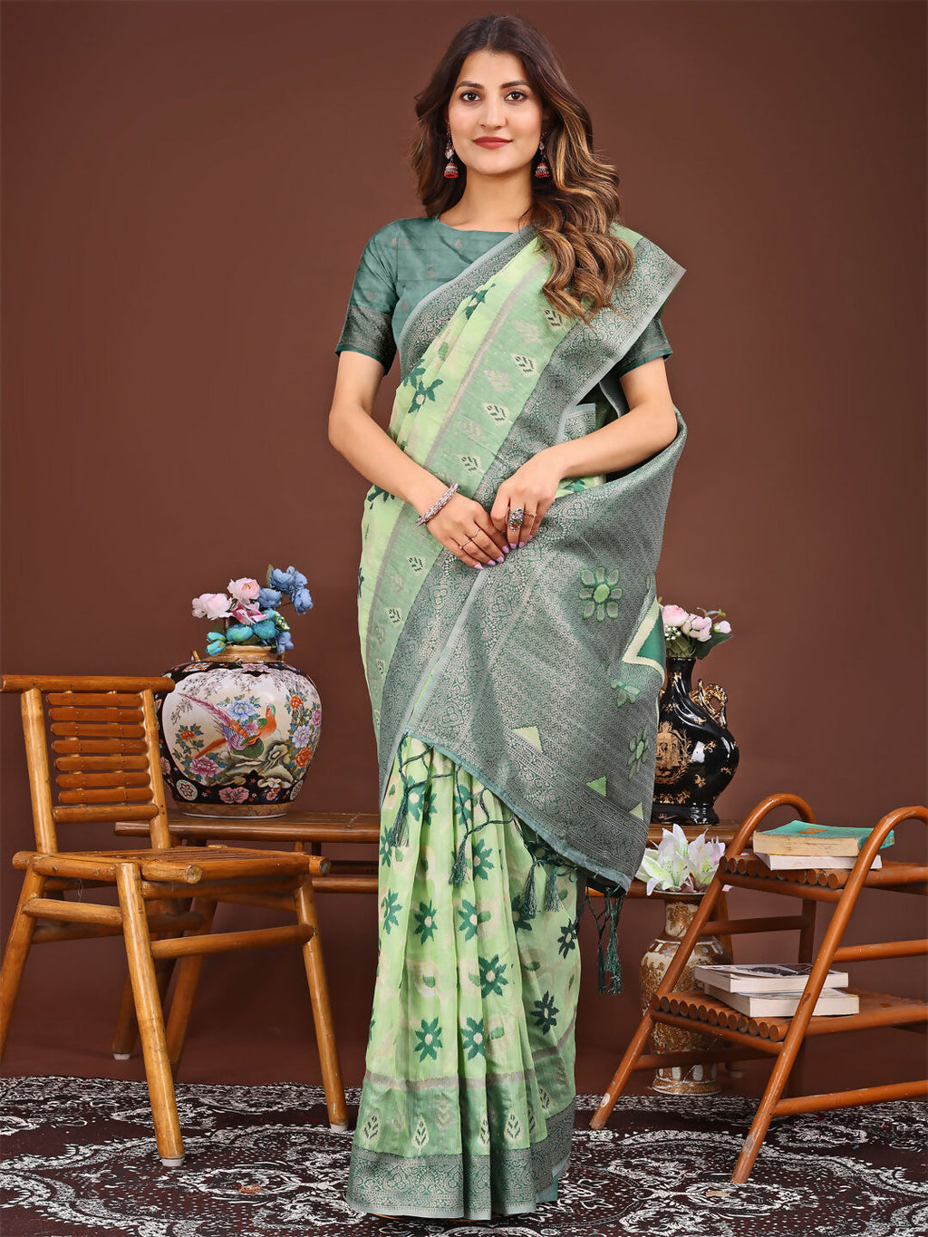 Sajni Light Green Linen Cotton Saree with Matching Blouse