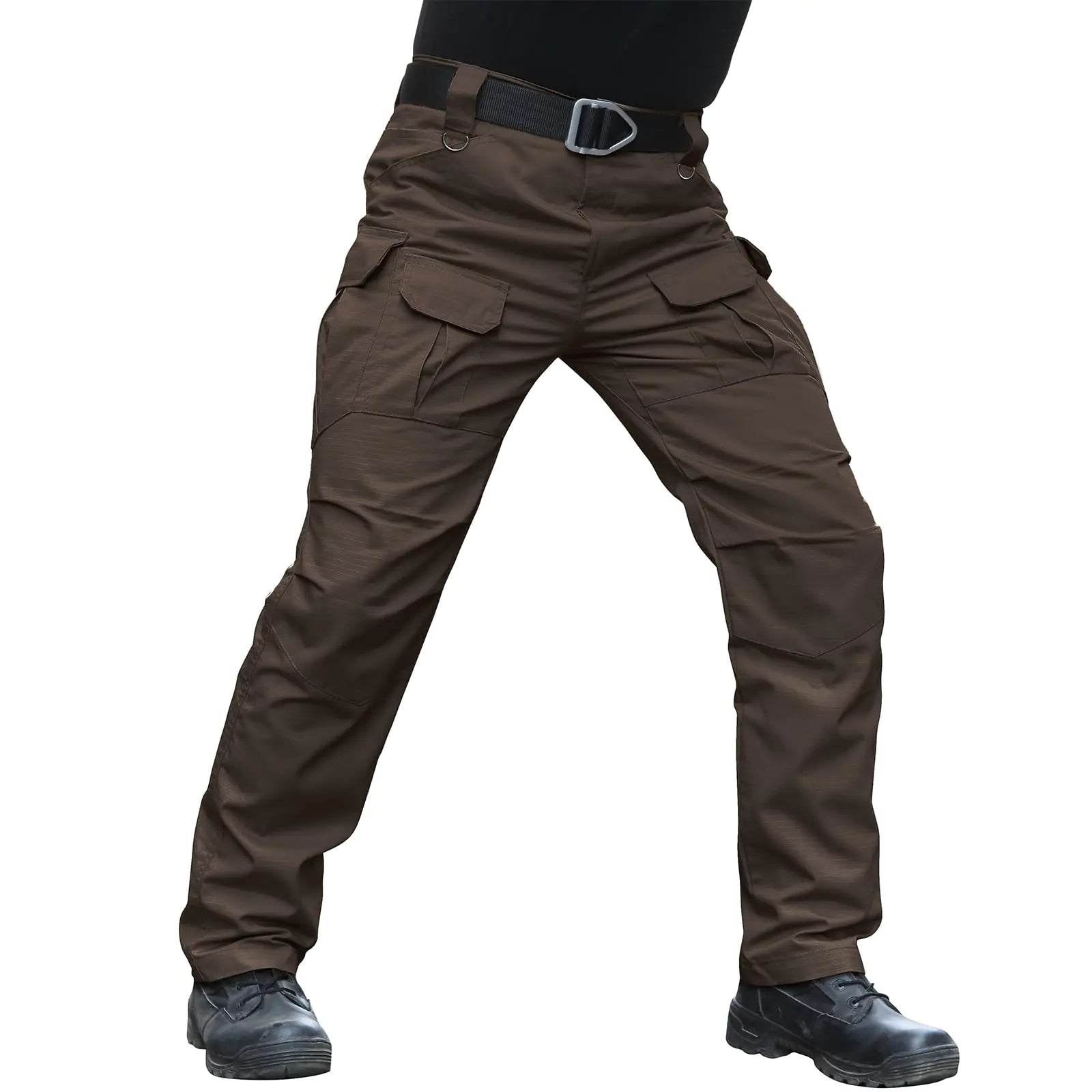 A man wearing dark brown stretch tactical cargo pants with reinforced pockets for hiking and outdoor work.