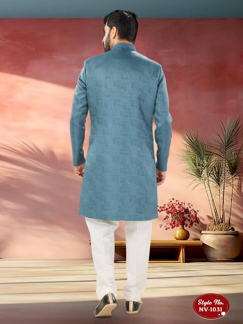 Men's Blue Indo-Western Kurta Set in Self-Design Imported TR Fabric