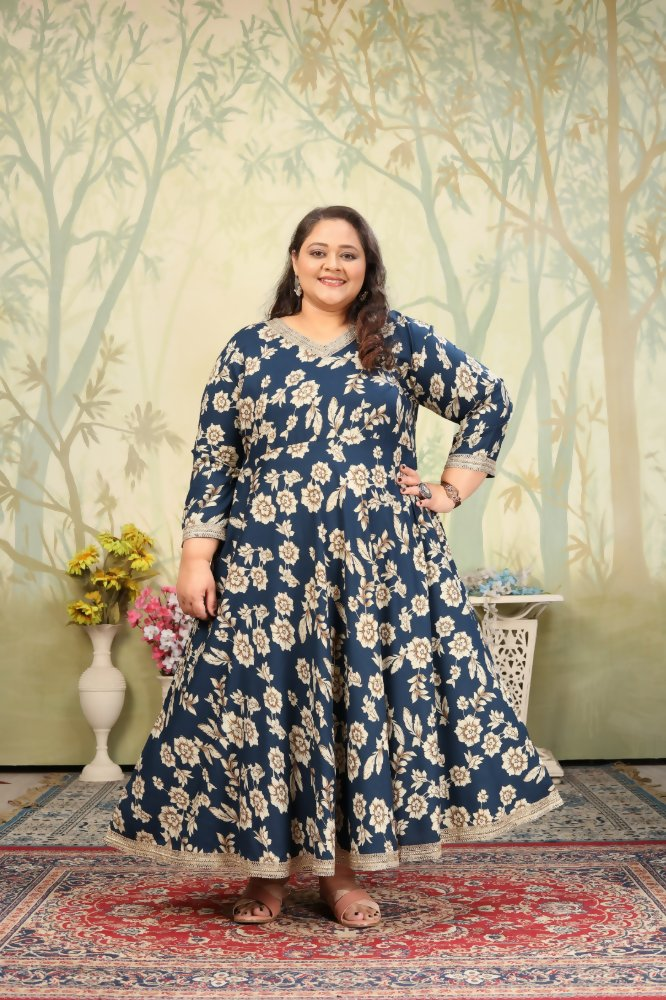 Women's Navy Blue Rayon Floral Print Anarkali Set with Sequins