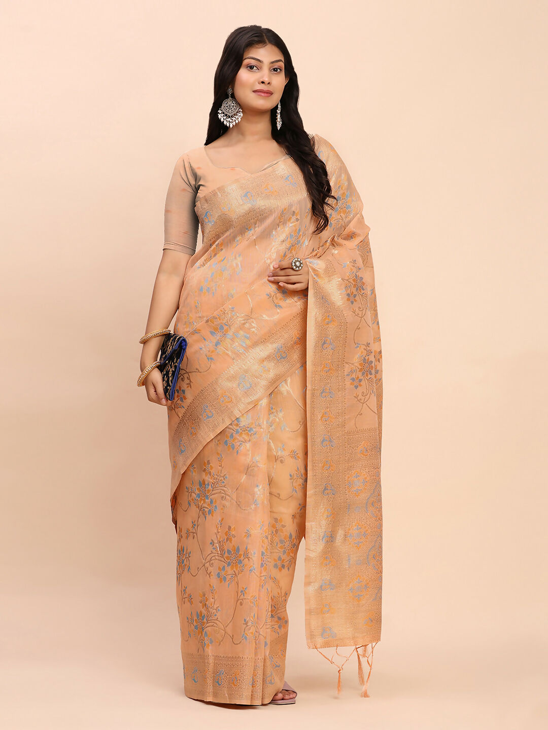 Orange Linen Cotton Saree with Matching Blouse