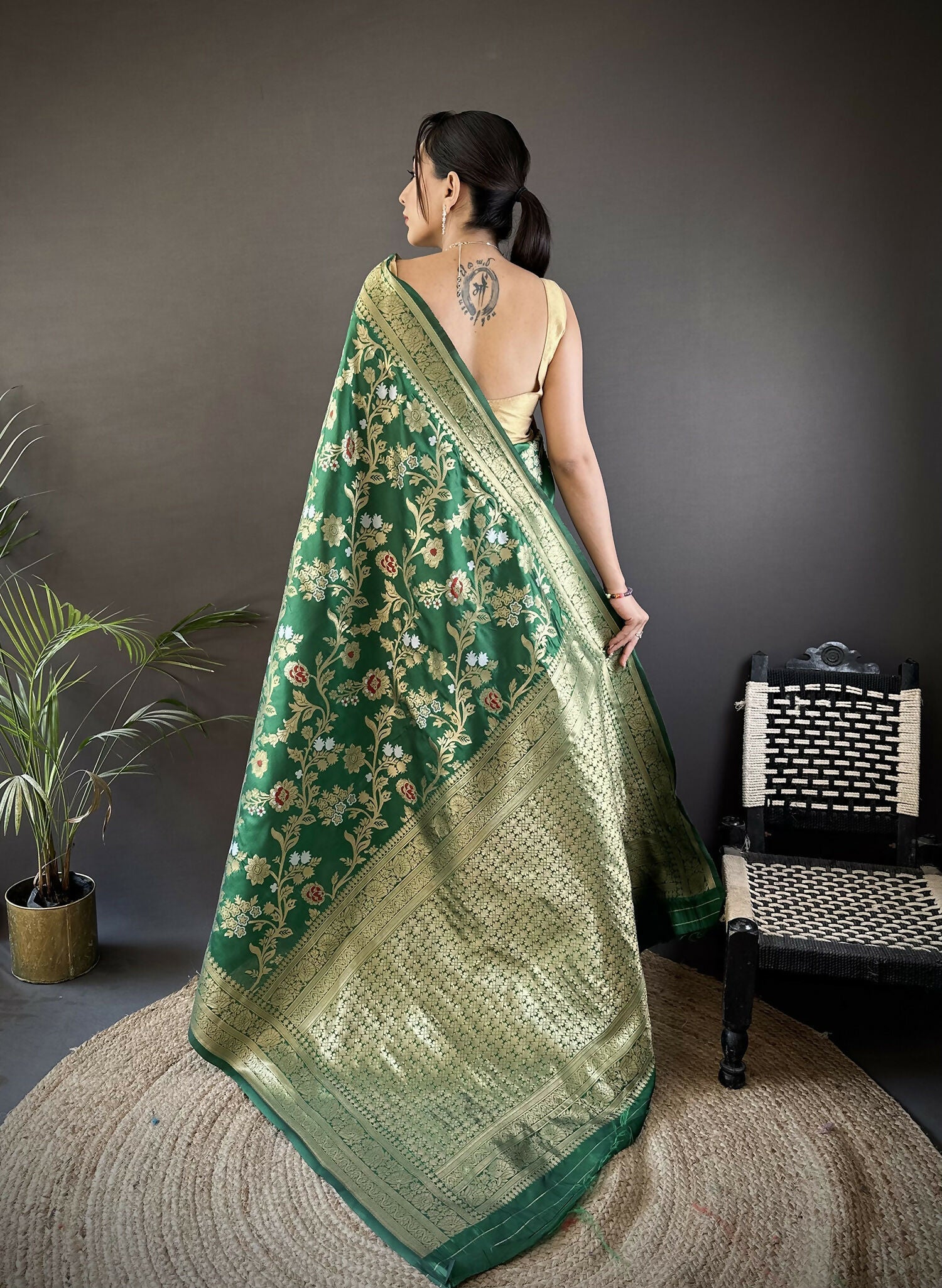 Green Floral & Ethnic Meenakari Soft Silk Banarasi Saree