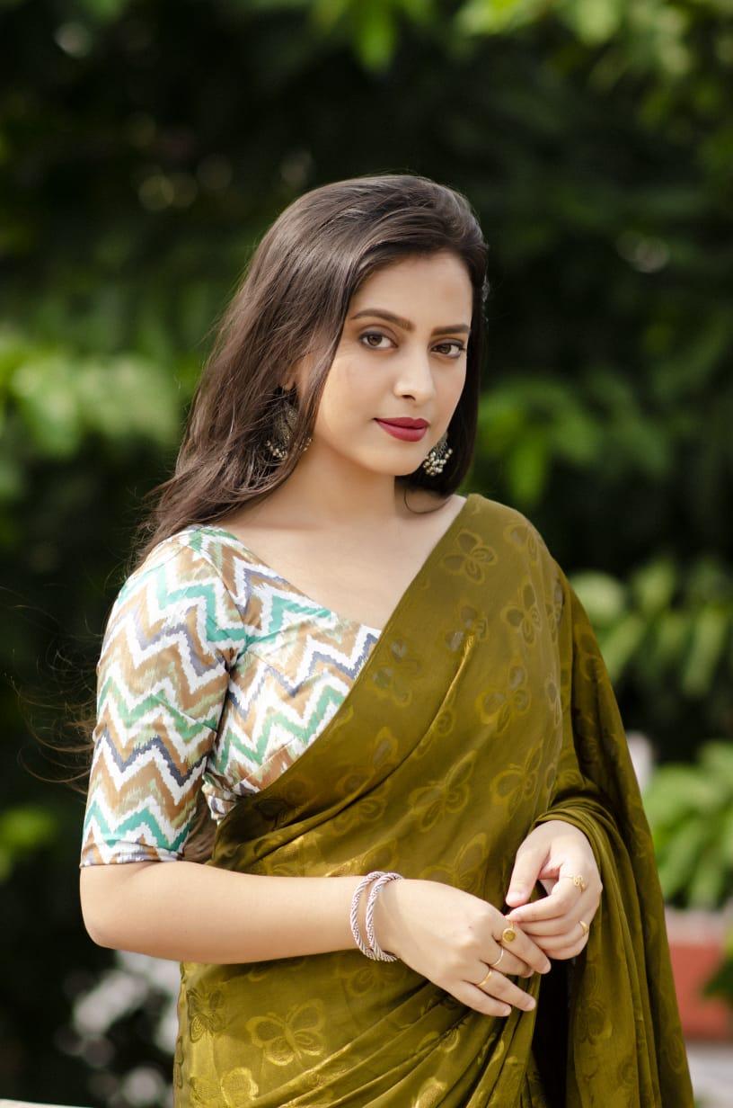 Mehndi Silk Blend Ethnic Motifs Saree with Unstitched Blouse - Hiral Fashion