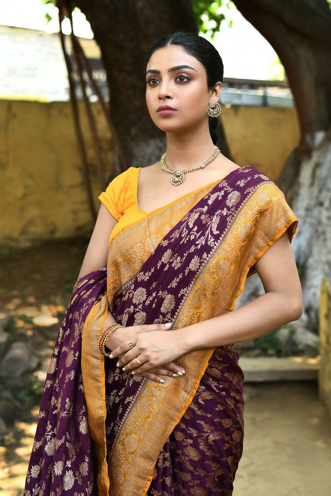 Purple Crepe Chiffon Pure Handloom Banarasi Silk Saree