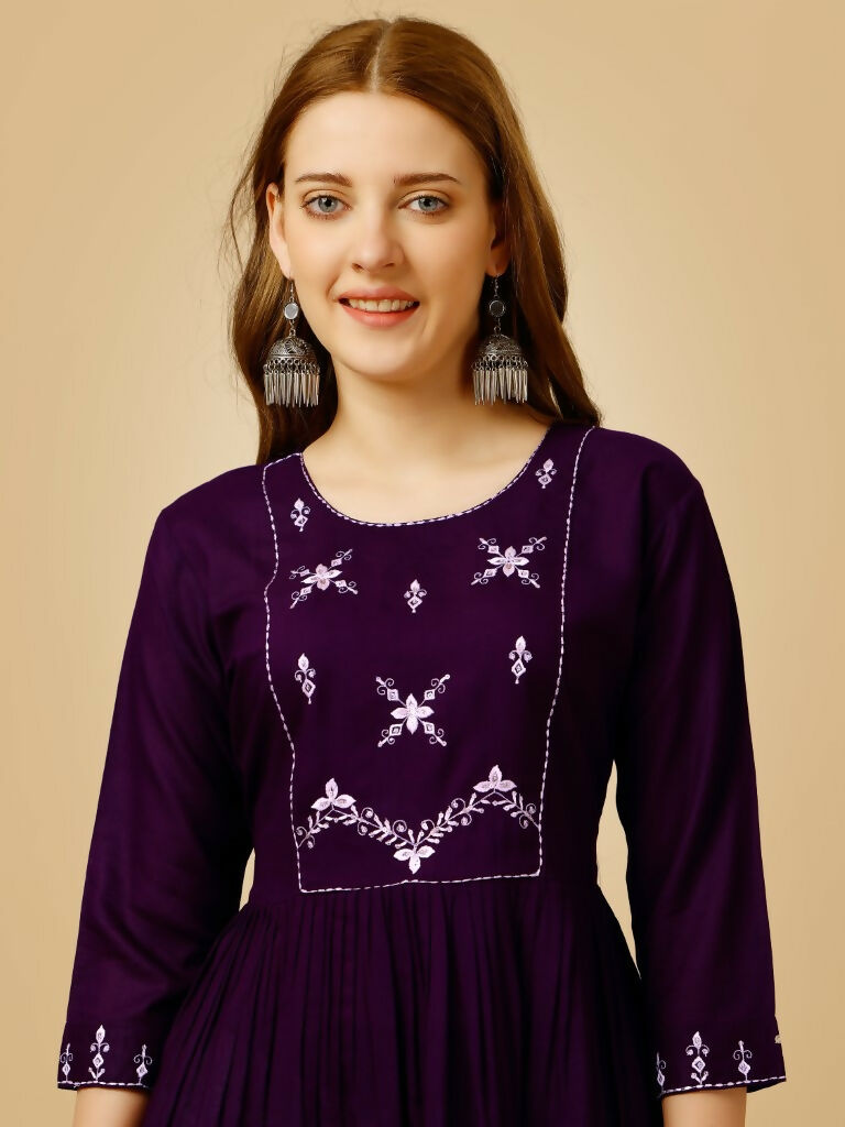 Women's Purple Viscose Rayon Embroidered Casual Top