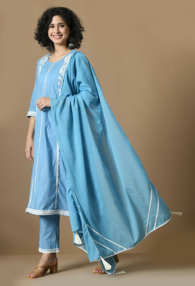 L.Blue Cotton Kurta Set with Organza Dupatta