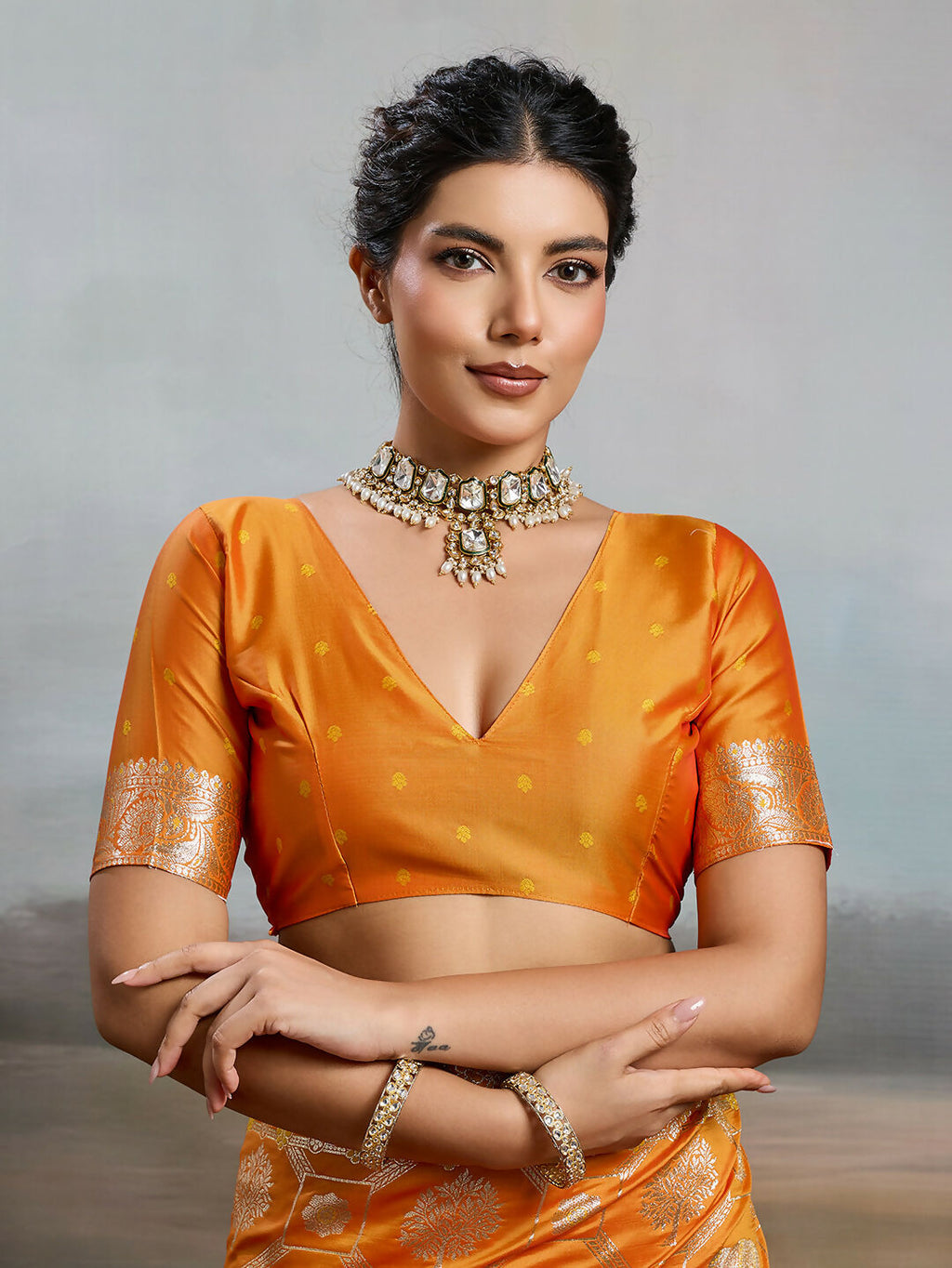 Orange Silk Blend Saree with Matching Blouse Piece