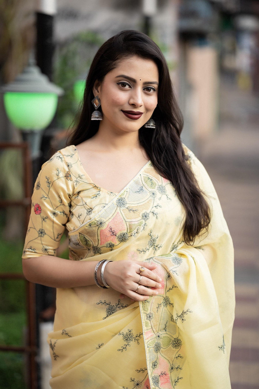 Yellow Pure Linen Saree with Ethnic Pencil Stitch Embroidery