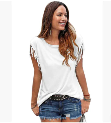Women's Fringe Sleeve Casual T-Shirt Top - Image 38