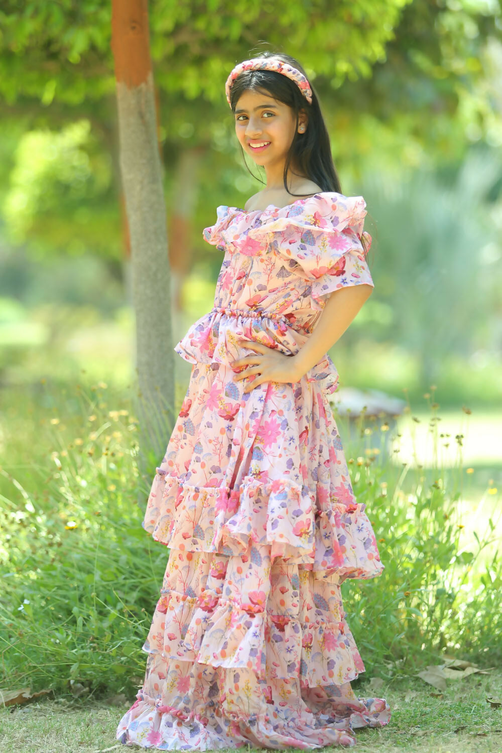 LH Luxury Fashion Glam Tiered Dress – Elegant Floral Long Dress for Girls