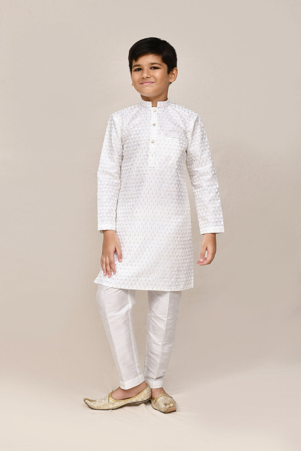 White art silk kurta with detailed thread and sequence work and straight fit pants