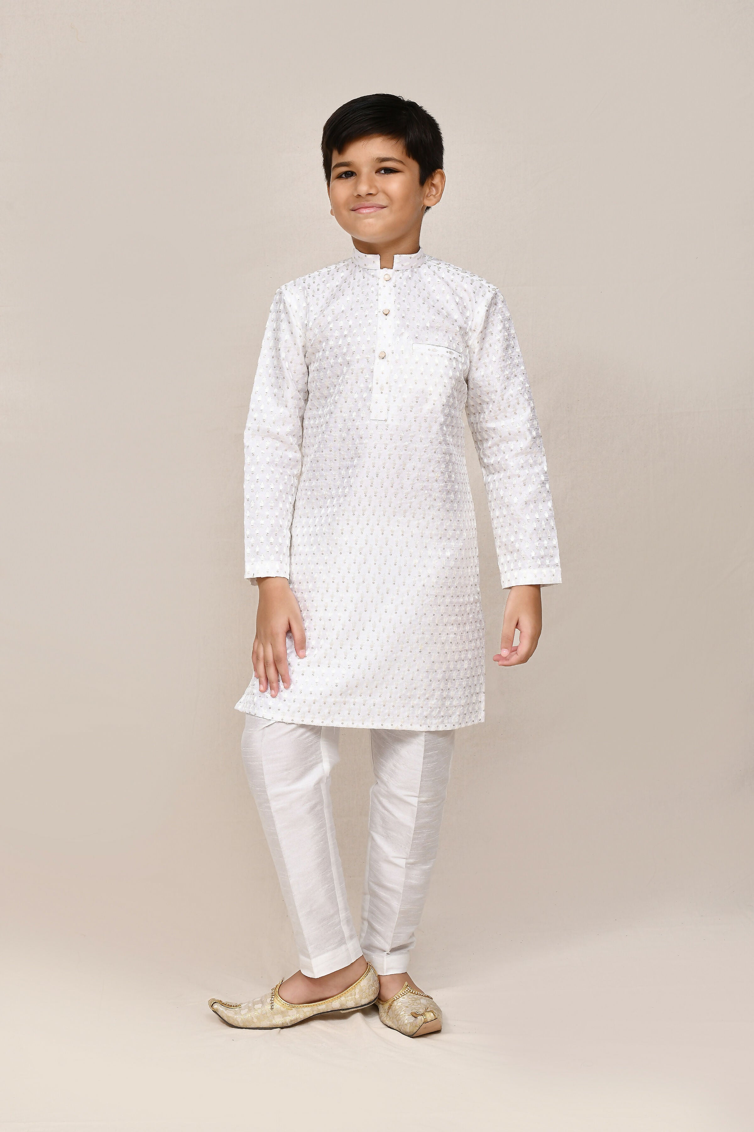 White art silk kurta with detailed thread and sequence work and straight fit pants
