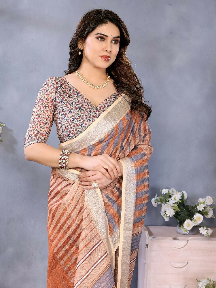Brown Handloom Linen Cotton Saree with Earthy Charm
