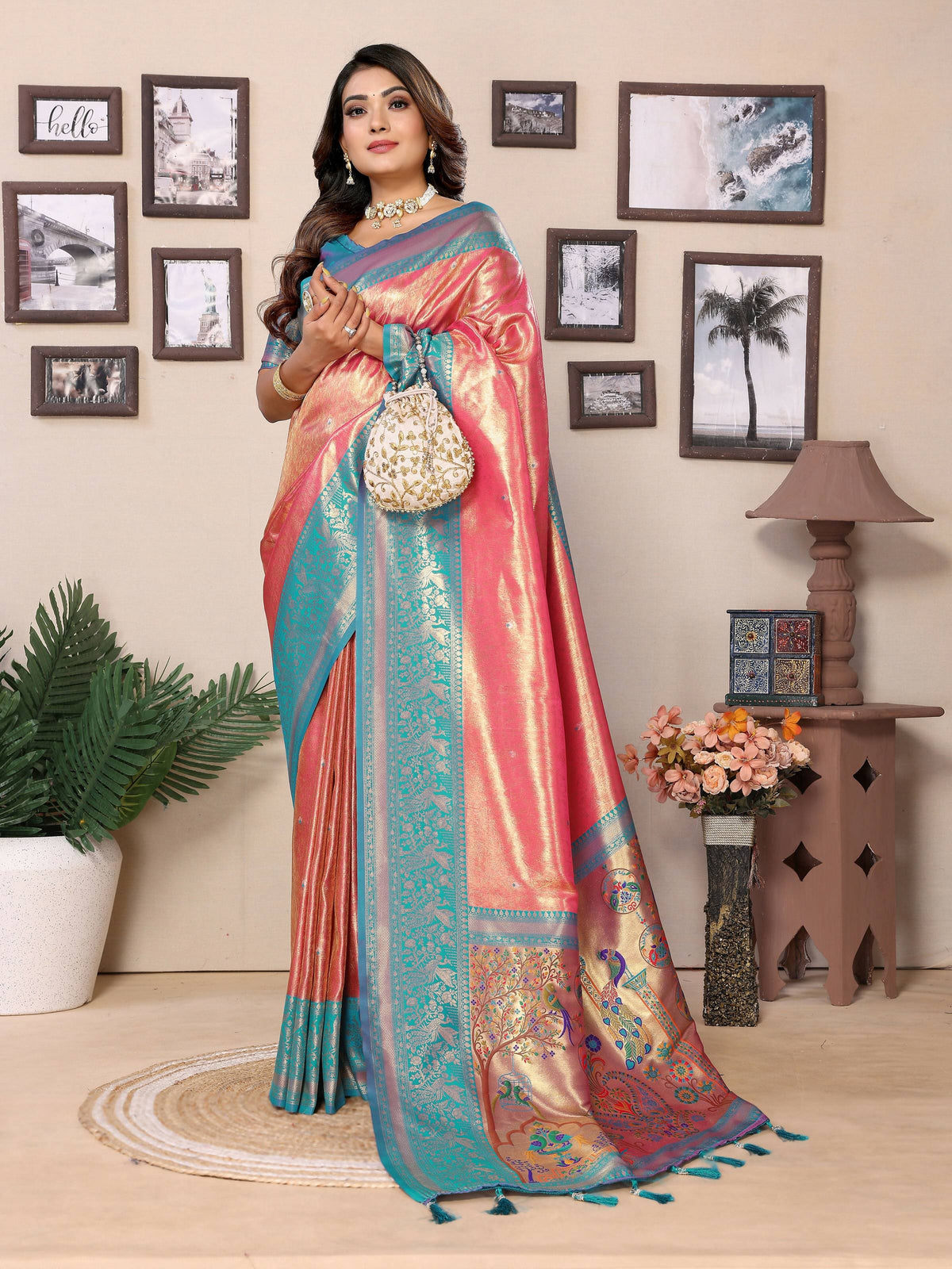 Pink Tissue Silk Saree with Intricate Weaving Detail