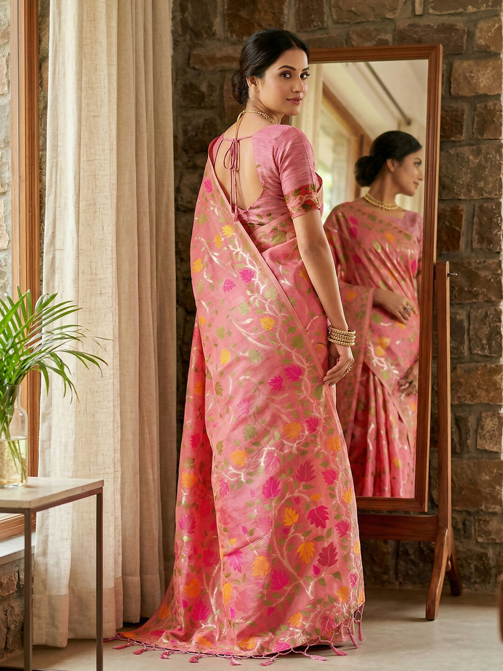 Pink Linen Cotton Saree with Matching Blouse Piece